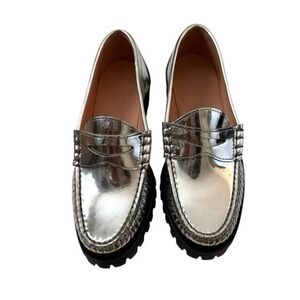 J.Crew Winona Lug-Sole Penny Loafers Silver Leather Size 6 Platform NWT